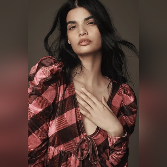 Anthropologie Maeve Velvet Babydoll Top Red Pink Puff Sleeve Large - Picture 4 of 7